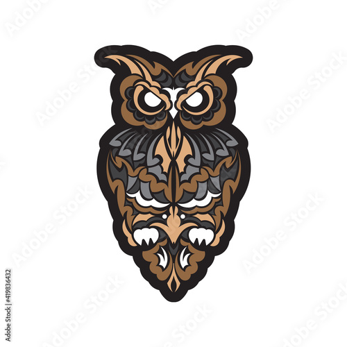 Owl from patterns. Exotic bird in boho style. Exclusive style. Good for prints, postcards and printing. Vector illustration.
