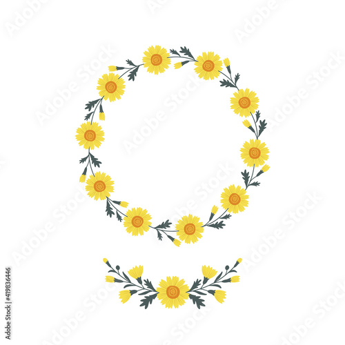 Corn Marigold floral wreath clipart isolated on white background. Folksy daisy decorative botanical round frame vector illustration.