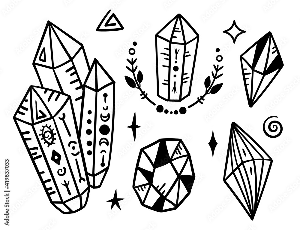 Mystical boho cristals isolated clipart set, magic line diamond or