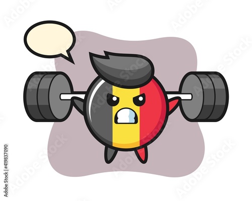 Belgium flag badge mascot cartoon with a barbell