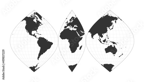 Map of the World. Interrupted sinusoidal projection. Globe with latitude and longitude net. World map on meridians and parallels background. Vector illustration.