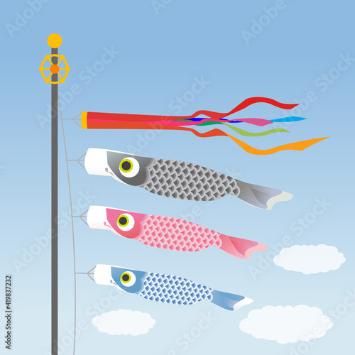 イラスト素材: 5月こどもの日　青空の鯉のぼり　主線なし　グラデーション

