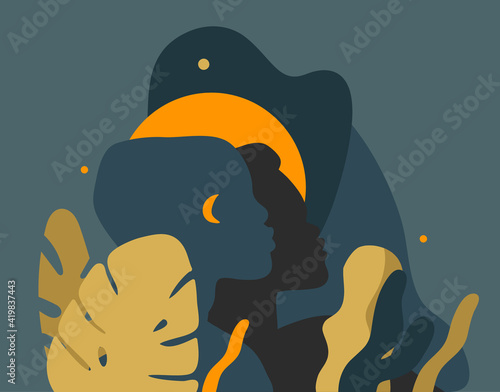 Hand drawn vector abstract stock graphic illustration with young black african american beauty people silhouette portraits ,night tribal african freedom concept isolated on color background