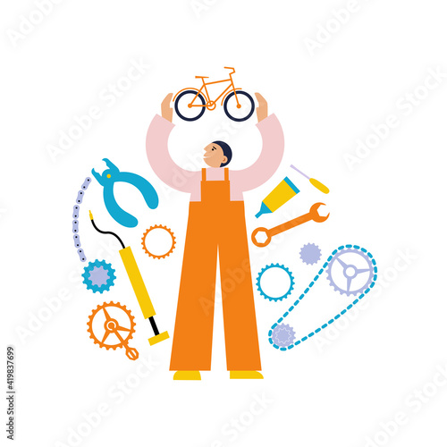 Man holds bicycle in his hands surrounded by bike tools and details. Flat vector illustration
