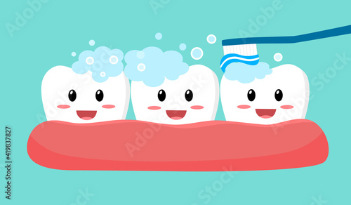 Clean your teeth everyday with toothbrush and toothpaste in flat design. Smiling teeth cartoon dental care. Oral healthcare.
