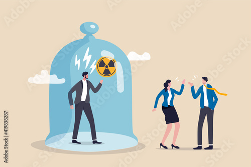 Toxic boss, bad environment in workplace, unfairness, micromanage or mislead manager concept, angry manager captured in cover with prohibit toxic sign and team are peacefully discussing work outside. photo