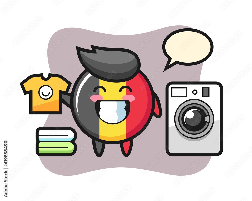 Mascot cartoon of belgium flag badge with washing machine