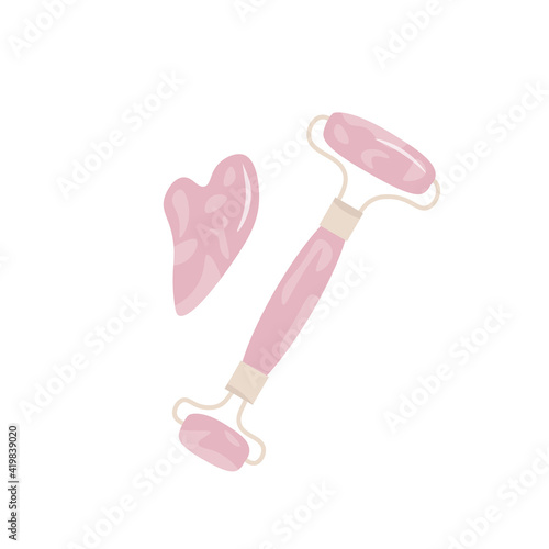 Devices for skin care. Gouacha scraper and facial massage roller. Natural stones. Skin care and beauty rituals. Wellness therapy. Vector flat illustration in cartoon style. Beauty industry. 