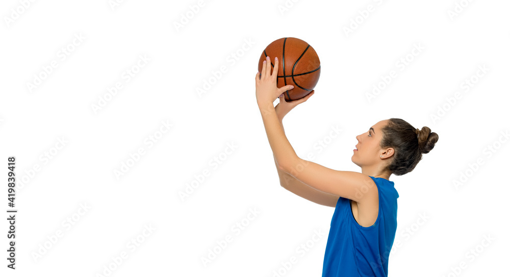 Beautiful caucasian girl  holding basketball ball isolated on white background.