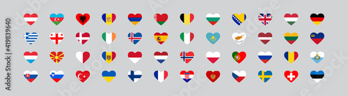 European country flag in heart. 48 national flags. Vector set icons