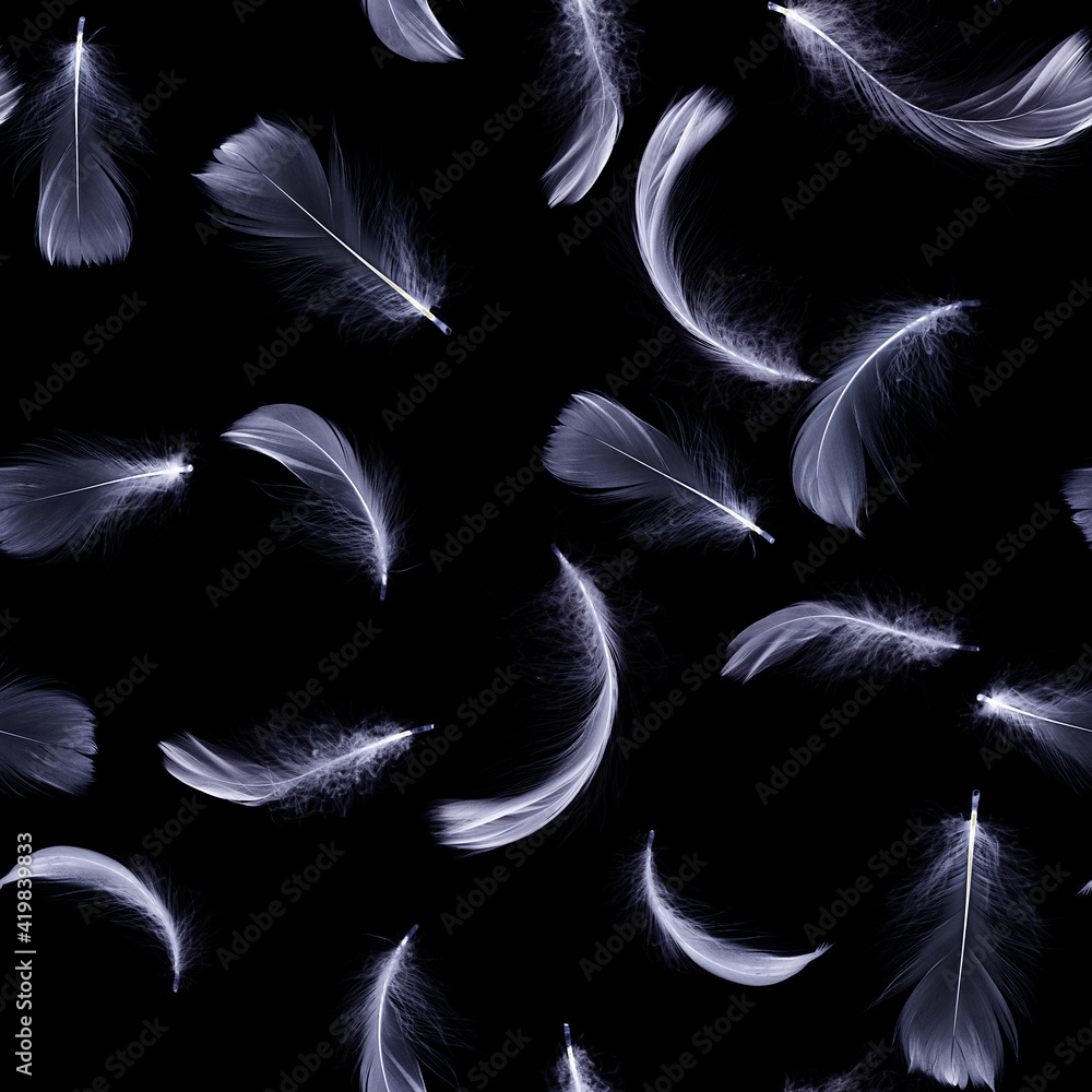 Fototapeta premium Feather air seamless pattern. White pastel angel feather closeup texture falling on dark background. Concept of sensitivity responsiveness to nature.