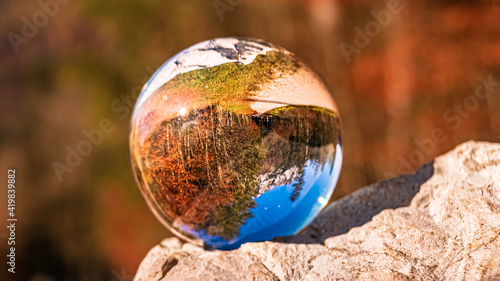 Crystal ball landscape shot at the famous Hintersee, Ramsau, Berchtesgaden, Bavaria, Germany