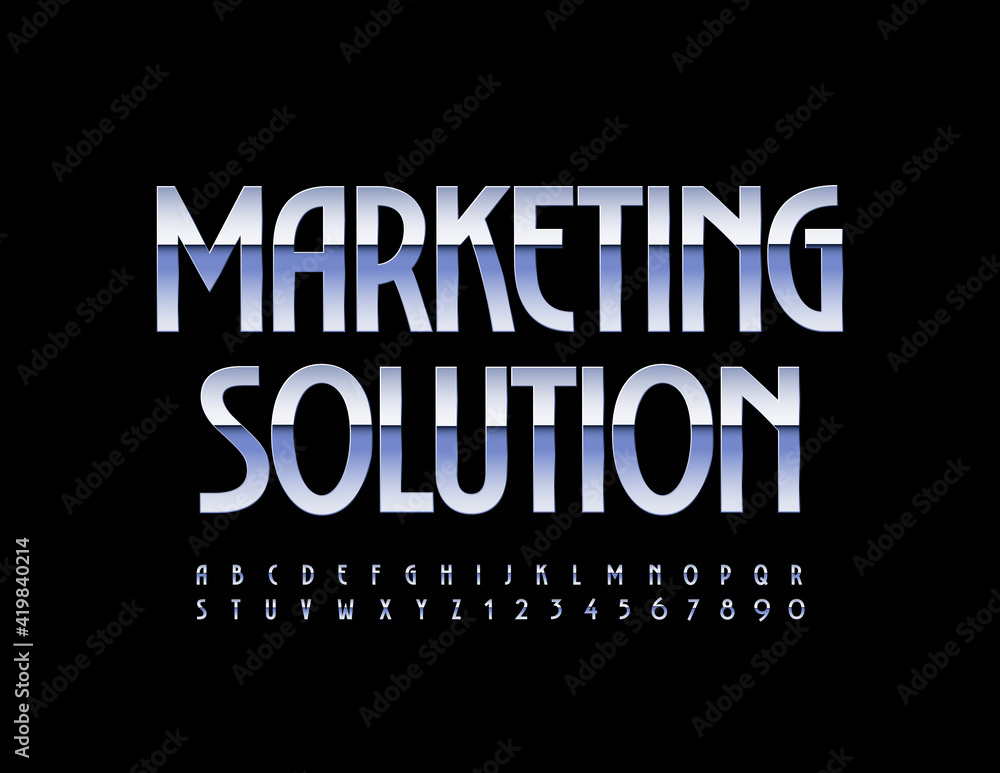 Vector business logo Marketing Solution. Elegant metal Font. Silver Alphabet Letters and Numbers set