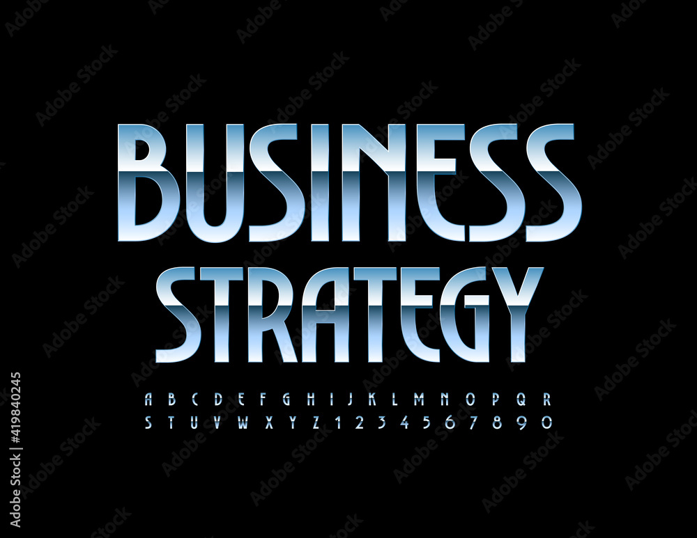 Vector silver logo Business Strategy. Modern Steel Font. Creative Alphabet Letters and Numbers set. Vector silver logo Business Strategy. Modern Steel Font. Creative Alphabet Letters and Numbers set.