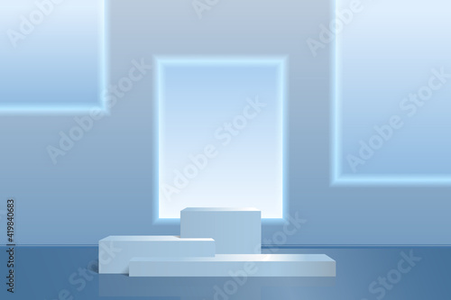 Podium product for advertising, presentation, exhibition. Vector minimalistic scene from 3 tiers, realistic style, abstract background with neon windows.