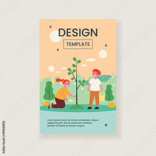 Children planting tree in spring. Kids working in garden. Vector illustration for environment protection, nature care, volunteering, education concepts