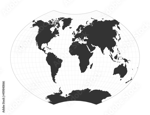Map of the World. Ginzburg VI projection. Globe with latitude and longitude net. World map on meridians and parallels background. Vector illustration.