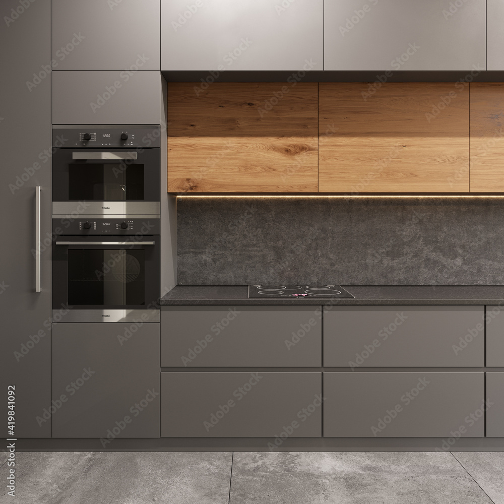 Fototapeta premium Modern kitchen interior in loft style. Gray ceramic tiles on the floor, induction hob and built-in stove. 3d rendering
