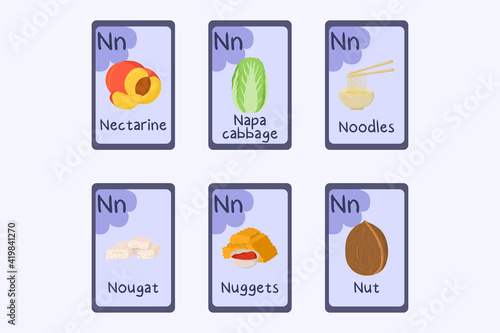 Colorful alphabet flashcard Letter N - nectarine, napa cabbage, noodles, nougat, nuggets, nut.
