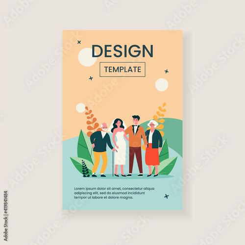 Happy newly married couple standing with senior parents. Bride, groom, love flat vector illustration. Family and wedding concept for banner, website design or landing web page
