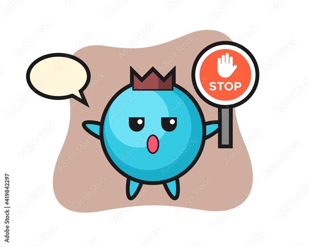 Blueberry character illustration holding a stop sign