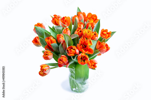 Bouquet of red-yellow tulips on a white background. Close-up.
