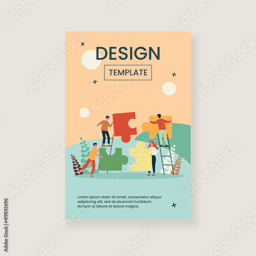 Tiny people connecting puzzle parts. Business team working on jigsaw together. Vector illustration for partners connection, cooperation, teamwork, partnership concept