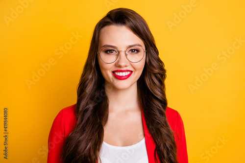 Photo of young girl toothy shiny white smiling red pomade wear blazer spectacles isolated yellow color background