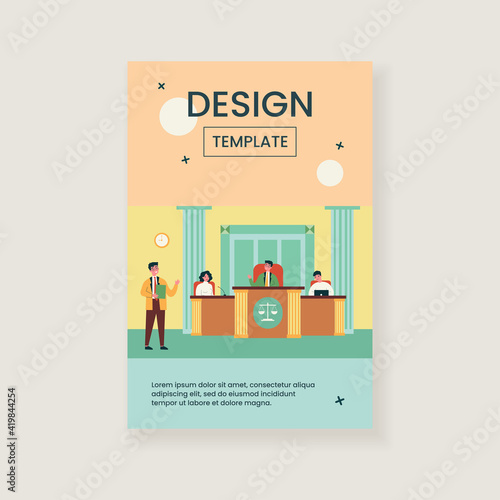 Lawyer speaking in front of judges and attorney in court isolated flat vector illustration. Cartoon men and women sitting in courtroom during trial. Judgment, justice and law concept