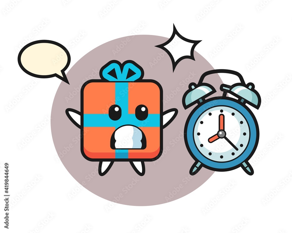 Cartoon illustration of gift box is surprised with a giant alarm clock Cartoon illustration of gift box is surprised with a giant alarm clock