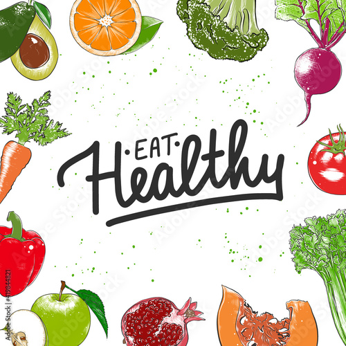 Eat healthy, modern ink brush calligraphy. Handwritten lettering.