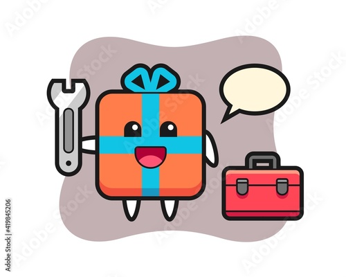 Mascot cartoon of gift box as a mechanic
