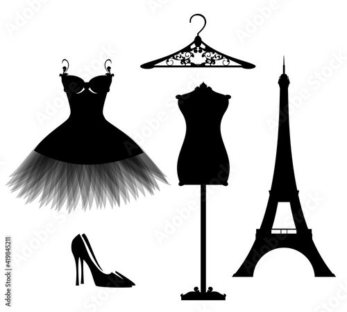 luxuriuos Paris haute couture fashion atelier design set with vector silhouettes of little black dress and eiffel tower