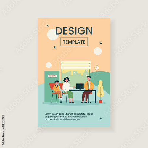 School headmaster meeting with student parent. Principal talking to mom and son in his office. Vector illustration for education, children behavior, teaching concept
