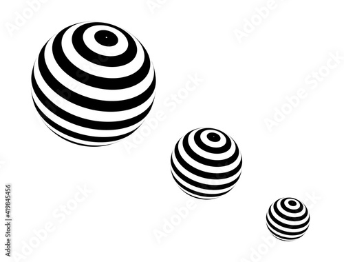 Three spheres with black stripes in progression over a white background. vector illustration