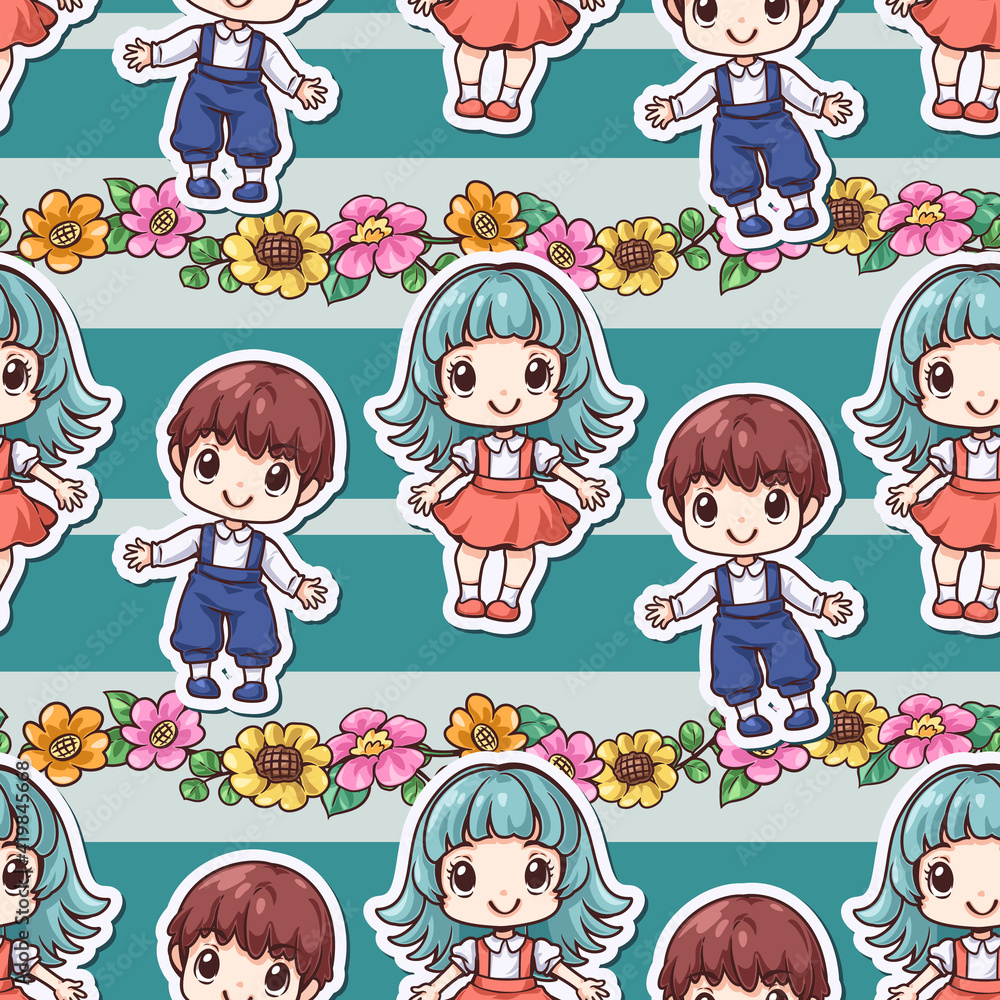 Seamless pattern kawaii kid. Contains boys, girls, flowers, leaves, butterfly and stripes. Cute cartoon style. This design be decoration for print or digital media. Seamless pattern kawaii kid. Contains boys, girls, flowers, leaves, butterfly and stripes. Cute cartoon style. This design be decoration for print or digital media.