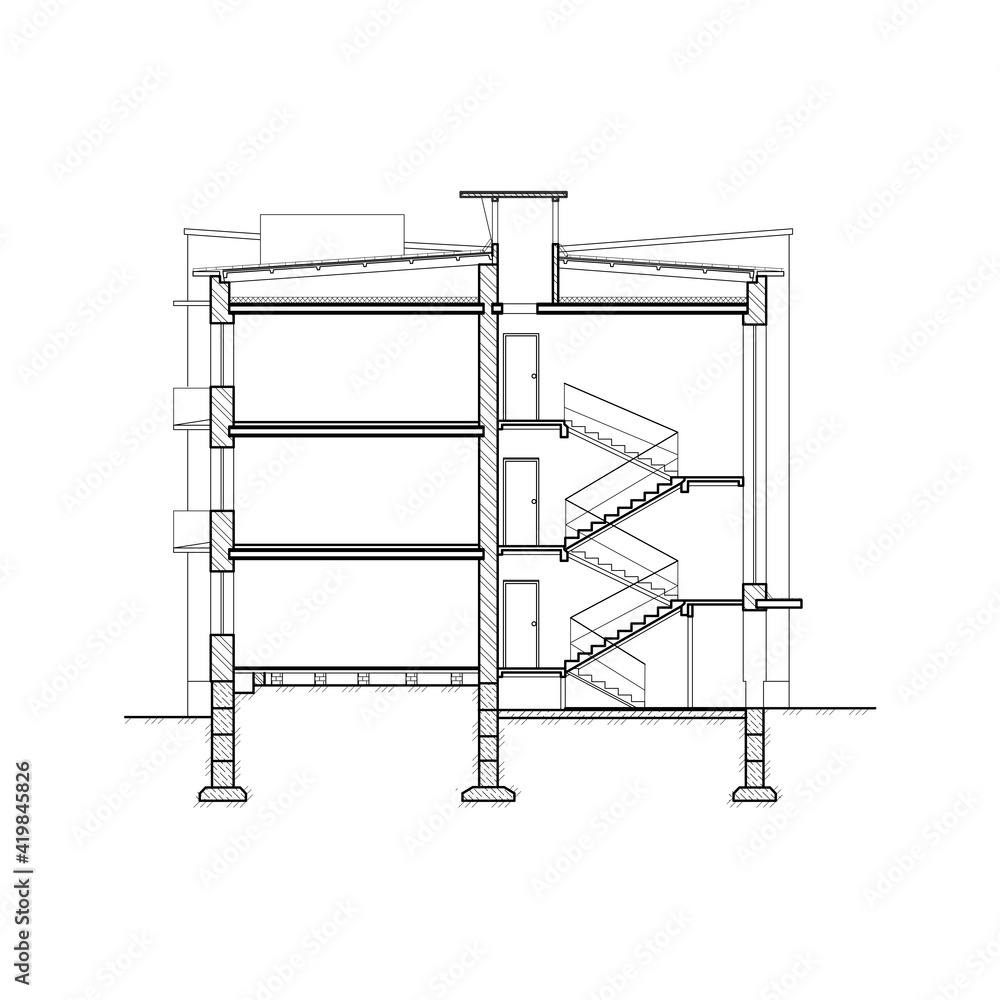 Detailed multi-storey building. Cross-section house. Vector black and white blueprint. Detailed multi-storey building. Cross-section house. Vector black and white blueprint.