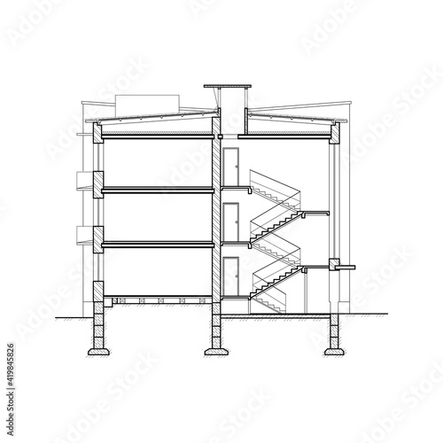 Detailed multi-storey building. Cross-section house. Vector black and white blueprint. 
