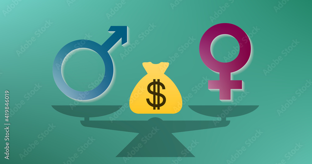 Gender pay gap means that on average, women earn less than men regardless of experience or job type. Illustration: Male and female symbol on a scale, in the middle a moneybag with dollar or peso sign. Gender pay gap means that on average, women earn less than men regardless of experience or job type. Illustration: Male and female symbol on a scale, in the middle a moneybag with dollar or peso sign.