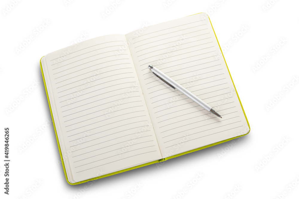Blank open notebook on white background, included clipping path. Yellow notepad with pencil Blank open notebook on white background, included clipping path. Yellow notepad with pencil