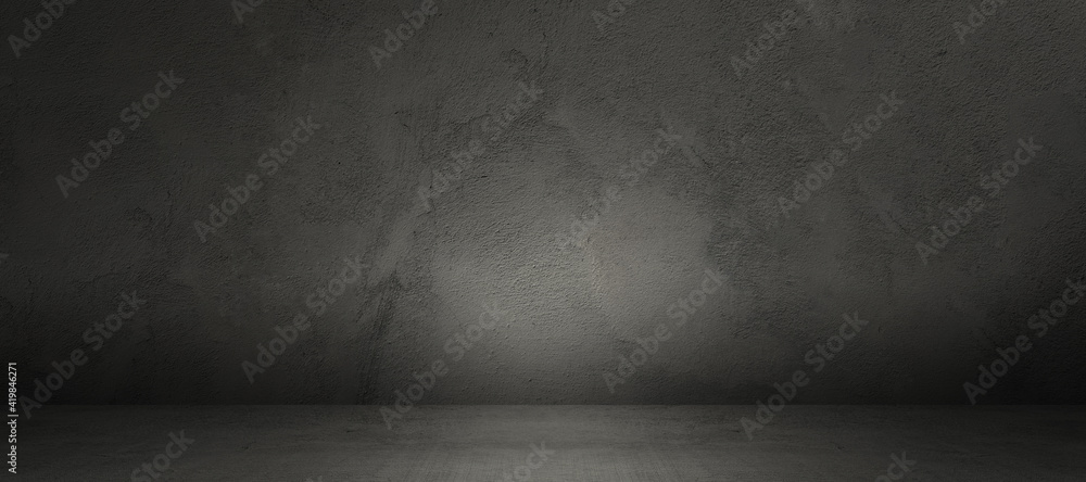 Concrete wall and floor background for product display or mock up, tree dimensional show room in the dark - obrazy, fototapety, plakaty 