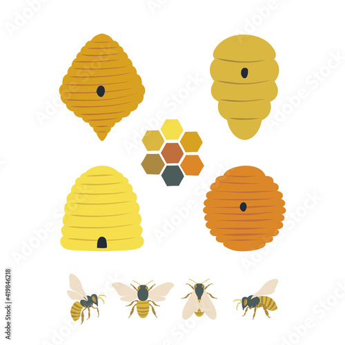 Beekeeping design elements collection. Bee Beehive Honeycomb vector illustration set isolated on white background.