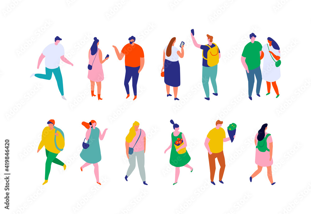 Different isometric cartoon people isolated on white. Men and women outdoor activity vector set. No face simple design