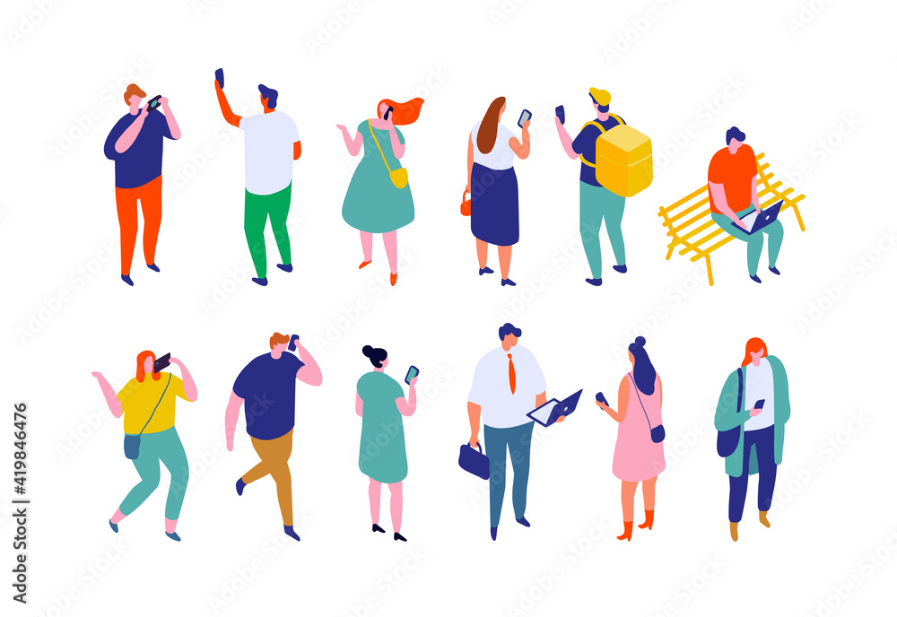 Isometric cartoon people with gadgets. Communication. Isometric cartoon people with gadgets. Communication.