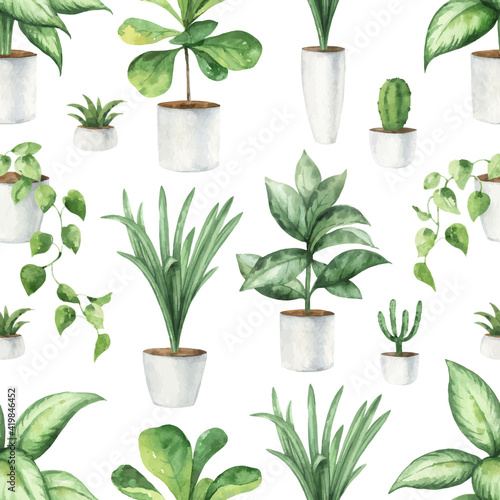 Watercolor vector seamless pattern of indoor green plants in pots.