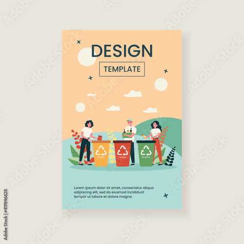 Happy men and women sorting trash. People putting plastic, glass, paper waste into different dumpsters with recycling symbols. Vector illustration for environment protection, garbage, litter concept