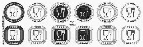 Set of stamps. Labeling - food grade or food safe material. Glass and fork flat icon stamp set. Vector grouped elements.