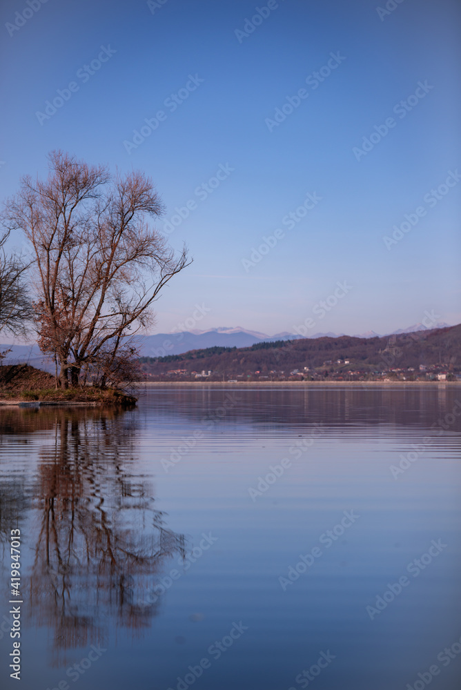 landscape with a huge lake at the end of the autumn season. rocky mountains and high forests on the distant horizon. silhouettes of leafless trees reflected in the luster of the water