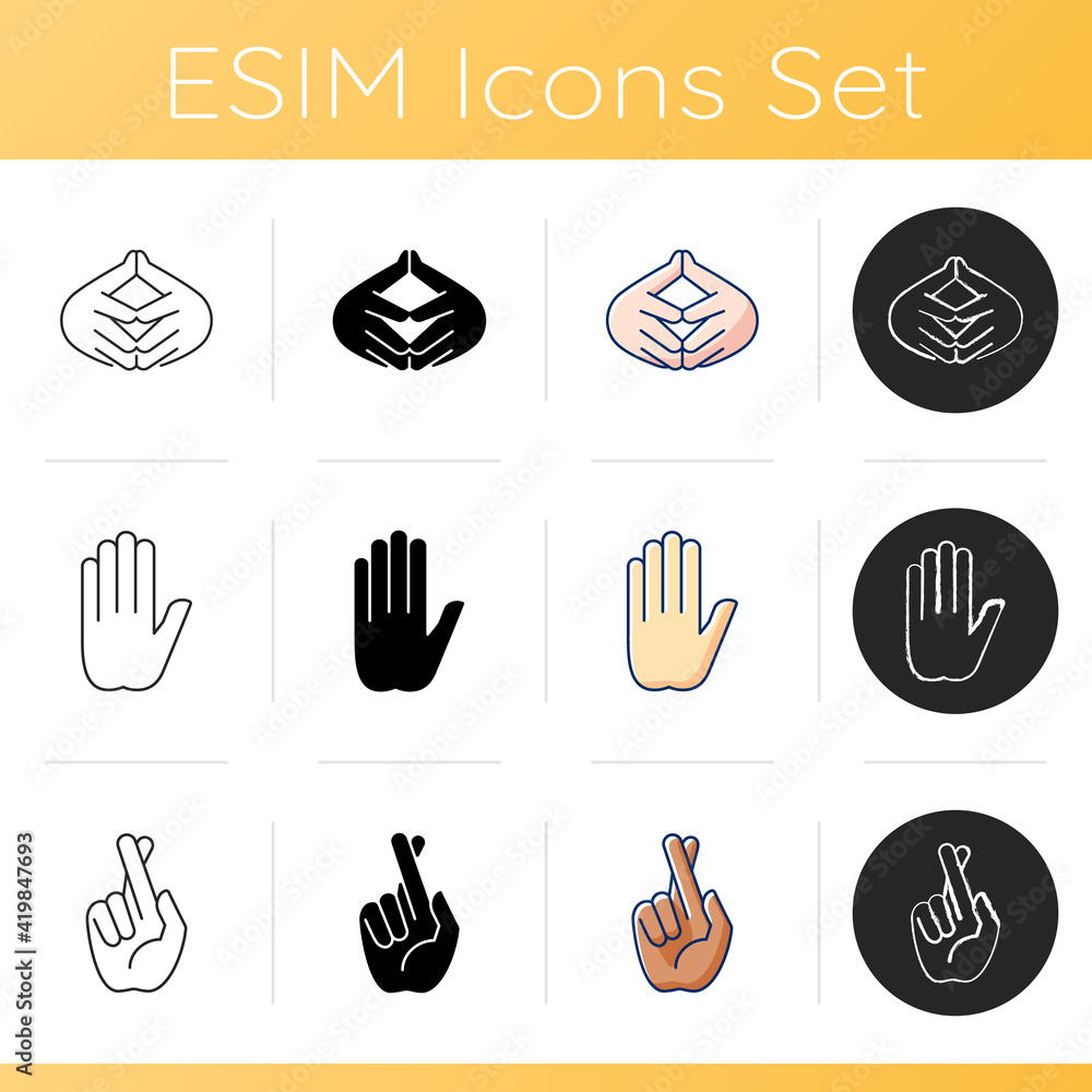 Hand gestures icons set. Stop gesture. Crossed fingers. Superstition. Steeple hand gesture. Counting on fingers. Okay gesture. Linear, black and RGB color styles. Isolated vector illustrations