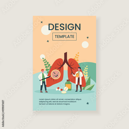 Tiny doctor checking respiratory system. Pulmonology specialist with stethoscope treating lungs with drugs. Vector illustration for lung cancer, tuberculosis, medicine concept